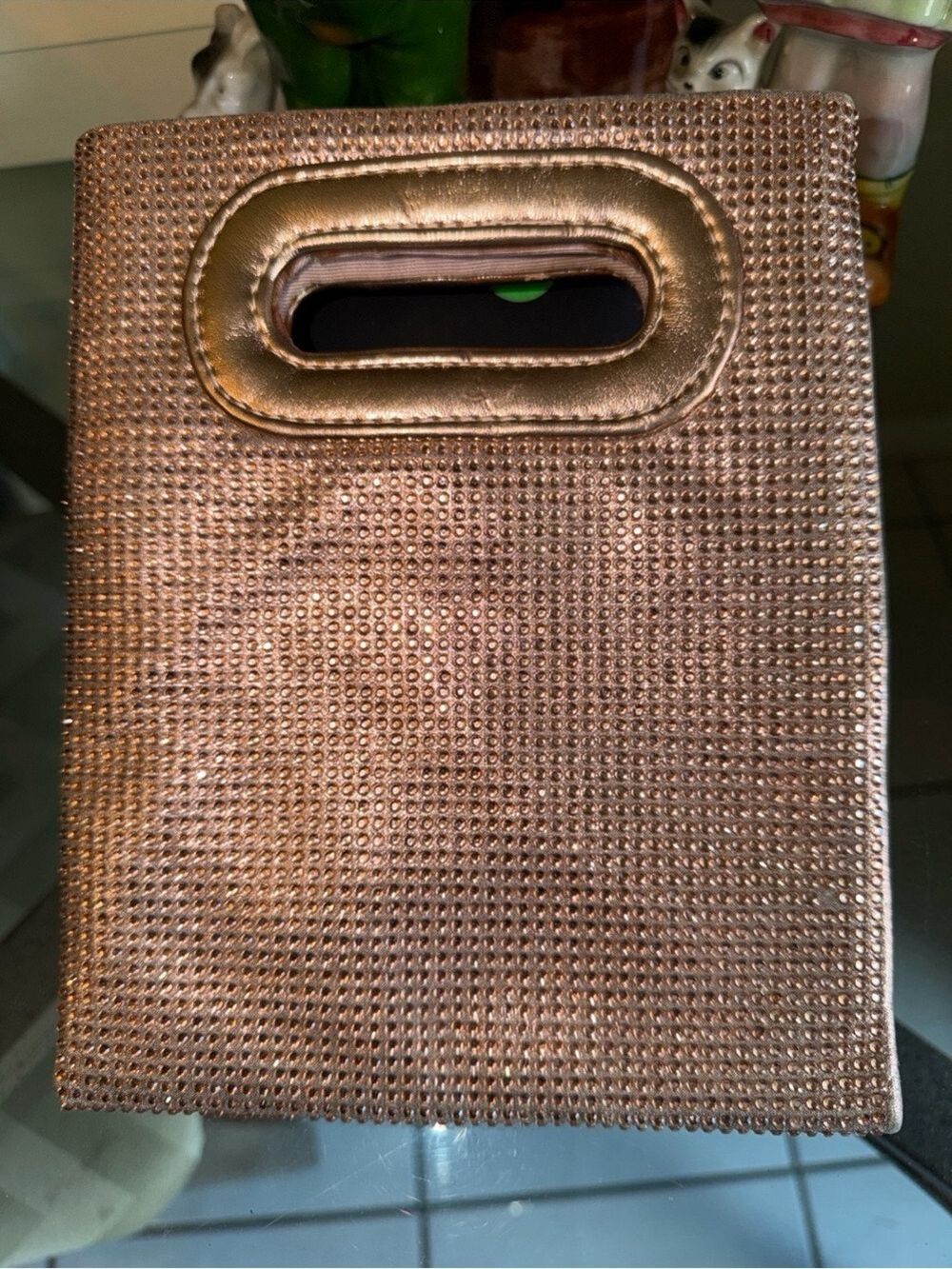 La Regale Rose Gold Rhinestone Evening Bag Cutout Handle Clutch Purse 7” x 8” - Picture 2 of 7